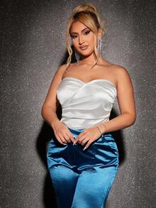 SHEIN SXY Ruched Side Asymmetrical Hem Satin Tube Top - White - View 5