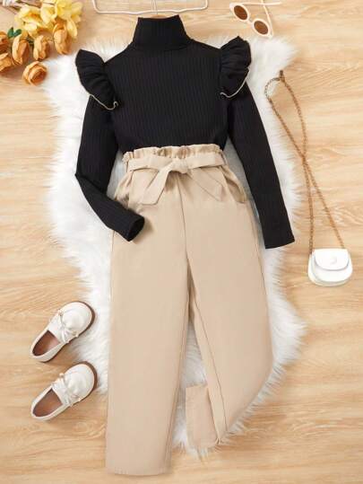 Sparklyn Tween Girl Ruffle Trim High Neck Tee & Paperbag Waist Belted Pants