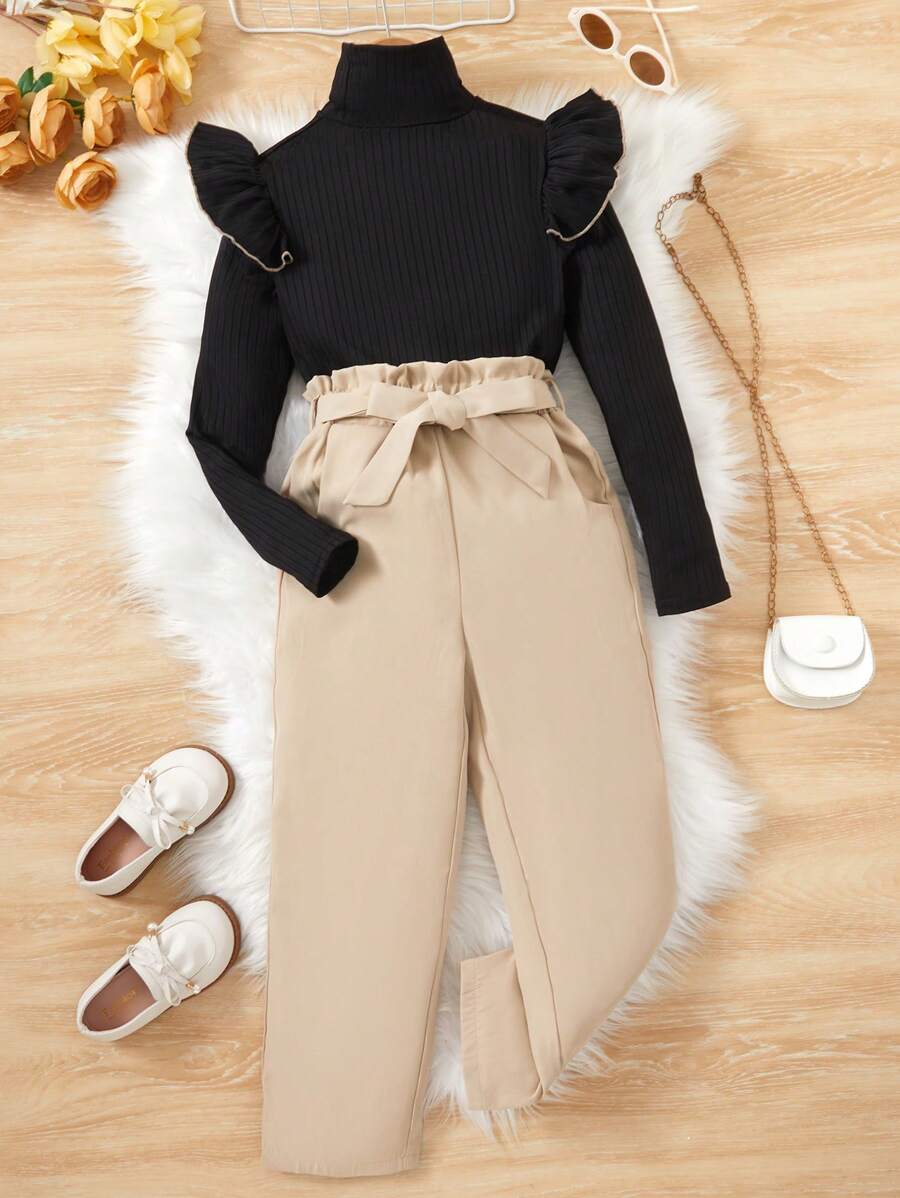 SHEIN Tween Girl Ruffle Trim High Neck Tee & Paperbag Waist Belted Pants - Black - View 1
