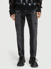 ROMWE MEN ROMWE Avant 男士交叉補丁貼撞色牛仔褲 - 深灰色 - 查看 7