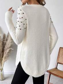 SHEIN LUNE Faux Pearls Beaded Raglan Sleeve Curved Hem Knit Pullover Fall Winter Sweater - White - View 2