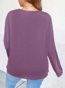 SHEIN Clasi Plus Size Fall Women Clothes Apricot V-Neck Texture Small Plaid Fabric Casual Long Sleeve Teacher T Shirt Fall Women Clothes - Purple - View 2