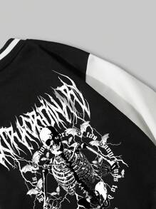 ROMWE MEN Goth Guys Skeleton & Slogan Graphic Striped Trim Drop Shoulder Varsity Jacket - Black - View 7