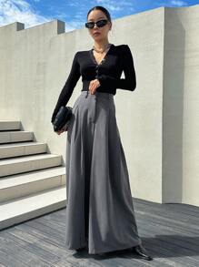 DAZY 拼接細節闊腿西裝褲 - 灰色 - 查看 7