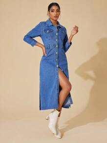 SHEIN Privé Flap Pocket Button Front Denim Dress - Blue - View 1