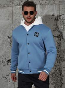 Manfinity Homme Men Plus Letter Patched Striped Trim Bomber Jacket Without Hoodie - Blue - View 7