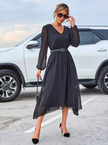 RueChic Contrast Mesh Lantern Sleeve Dress Without Belt - Black - View 5