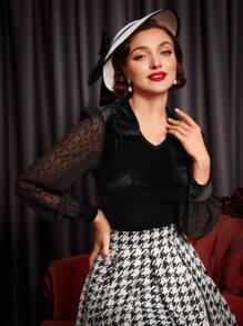 SHEIN DECDS Contrast Mesh Lantern Sleeve Velvet Blouse - Black - View 1