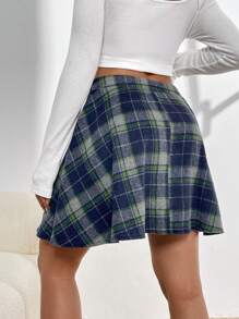 SHEIN Essnce 格紋印花高腰半身裙 - 霧霾藍 - 查看 2