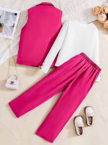 SHEIN Explorewe Tween Girl Solid Tee & Pants & Vest Coat - Hot Pink - View 2