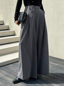 DAZY 拼接細節闊腿西裝褲 - 灰色 - 查看 5