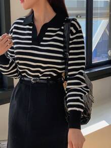 Striped Pattern Drop Shoulder Sweater - Black and White - View 6