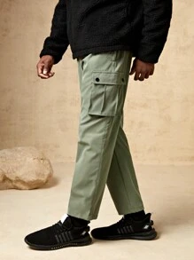 In My Nature Men Solid Slant Pocket Side Drawstring Waist Pants - Army Green - View 4