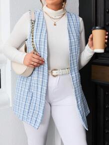 SHEIN Privé Plus Plaid Print Open Front Vest Coat - Baby Blue - View 6