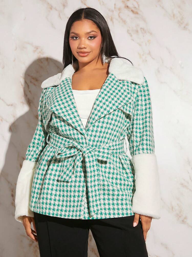 Plus Houndstooth Print Belted Overcoat