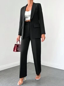 EURMUSE Solid Single Button Blazer & Pants - Black - View 4