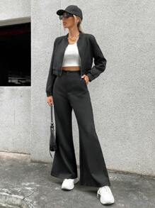 GENKIRA Zip Up Jaqueta Crop & Calças Perna Flare - Preto - Visão 1