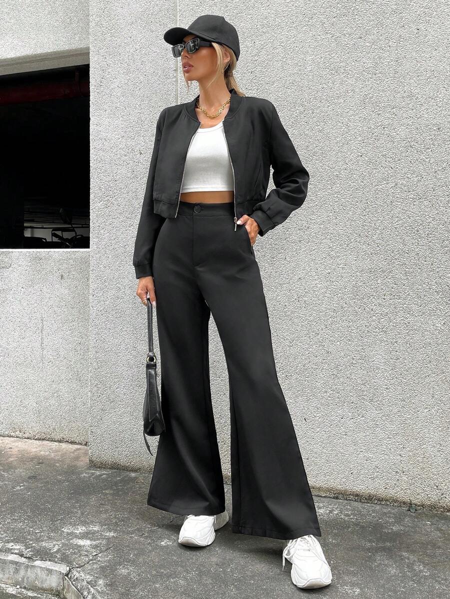 GENKIRA Zip Up Jaqueta Crop & Calças Perna Flare - Preto - Visão 1
