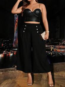 SHEIN Clasi Quần ống rộng có chi tiết nút cộng - màu đen - Xem 1