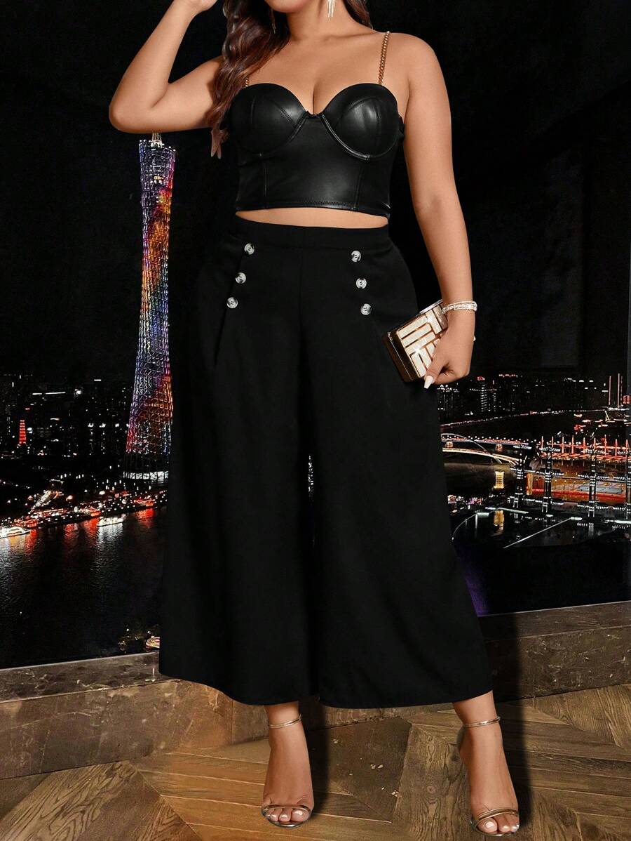 SHEIN Clasi Quần ống rộng có chi tiết nút cộng - màu đen - Xem 1