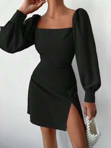 EURMUSE Rochie cu mânecă lanternă cu gât pătrat