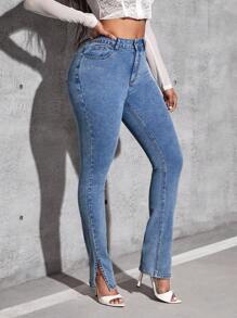 SHEIN EZwear 高腰下擺開叉緊身牛仔褲 - 深色水洗藍 - 查看 5