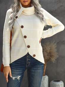 Plaid Pattern Button Detail Turtleneck Asymmetrical Hem Sweater