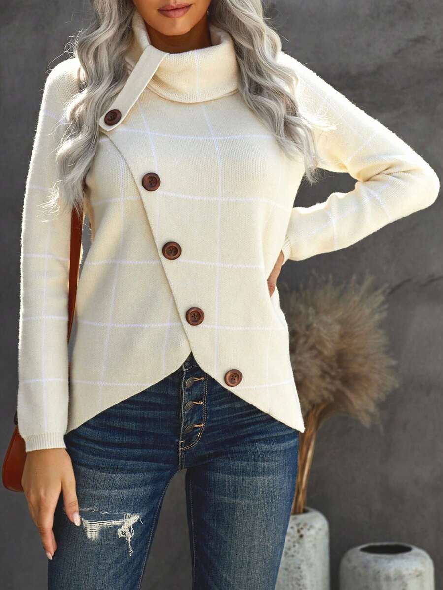 Plaid Pattern Button Detail Turtleneck Asymmetrical Hem Sweater