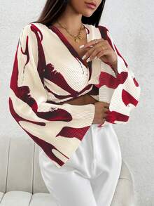 SHEIN PETITE 圖案印花前扭結短款襯衫 - 紅白色 - 查看 4