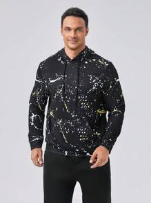 GENTILAND Men Plus Splash Ink Print Drawstring Hoodie - Black - View 5