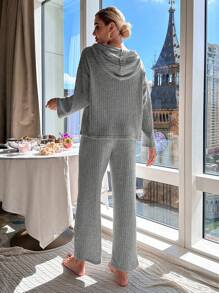 Drop Shoulder Drawstring Hooded Lounge Set - Grey - View 2