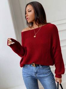 SHEIN Unity 素色落肩袖套頭毛衣 - 紅色 - 查看 4