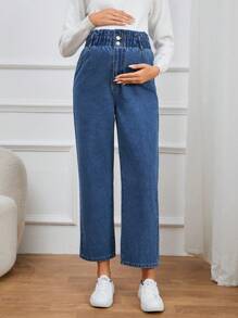 SHEIN Maternity Paperbag Waist Straight Leg Jeans - Medium Wash - View 2