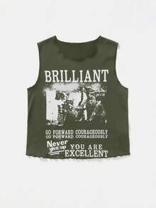 SHEIN EZwear Top tank con estampado de figura y slogan - Verde militar - Ver 7