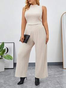 SHEIN Essnce Plus Mock Neck Tank Top & Wide Leg Pants - Apricot - View 3