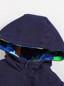 SHEIN Baby Boy 1pc Double Face Flap Pocket Hooded Double Face Reversible Coat - Navy Blue - View 5