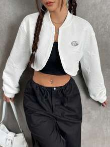 SHEIN EZwear Chi tiết Patched thư Thả vai Mùa vụ Áo khoác bomber - trắng - Xem 2