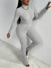 Slaydiva Slayr Casual Home Small Turtleneck Long-Sleeved Rib Knitted T-Shirt And Slit Pleated Trousers Grey Brushed Ribbeds Women's Bodycon Two-Piece Set - Light Grey - View 3