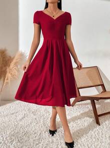 SHEIN Belle 胸部褶皺A字洋裝 - 紅色 - 查看 5