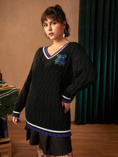 HARRY POTTER X SHEIN Plus Letter Patched Striped Trim Drop Shoulder Cricket Sweater