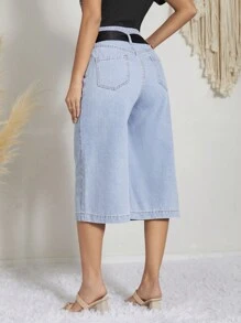 SHEIN LUNE High Waist Belted Wide Leg Jeans - Light Wash - View 2