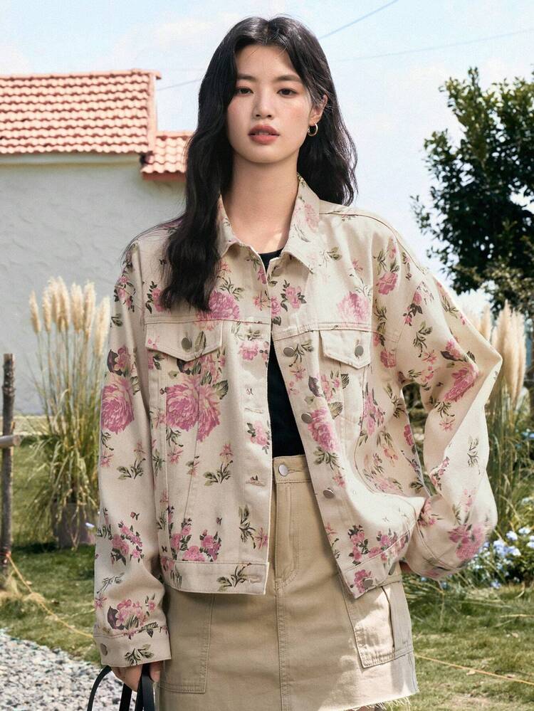 Floral Print Drop Shoulder Flap Pocket Denim Jacket