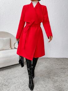 SHEIN Privé Waterfall Collar Belted Overcoat - Red - View 3