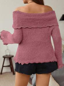 Flirla Plus Scallop Trim Foldover Off Shoulder Sweater - Pink - View 2