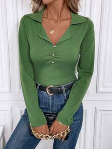 SHEIN Clasi 素色紐扣細節條紋針織套頭毛衣 - 綠色 - 查看 5