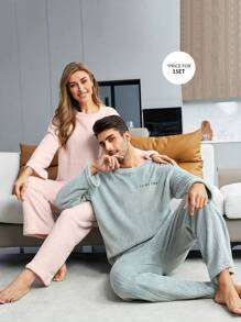 Men Letter Embroidery Drop Shoulder PJ Set / Pajama Set - Grey - View 1