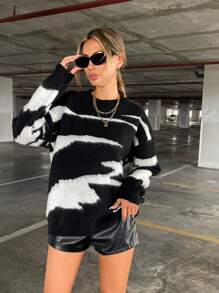 SHEIN Essnce Graphic Pattern Drop Shoulder Sweater - Black and White - View 3