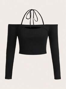 SHEIN EZwear 大碼鏤空後綁帶T恤 - 黑色 - 查看 1