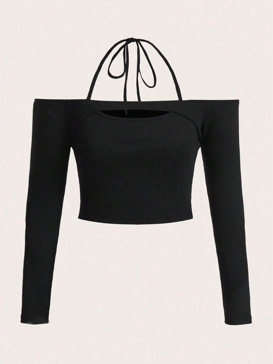 SHEIN EZwear 大碼鏤空後綁帶T恤 - 黑色 - 查看 1