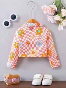 女嬰棋盤格和印花前紐扣短款襯衫 - 橘色 - 查看 2